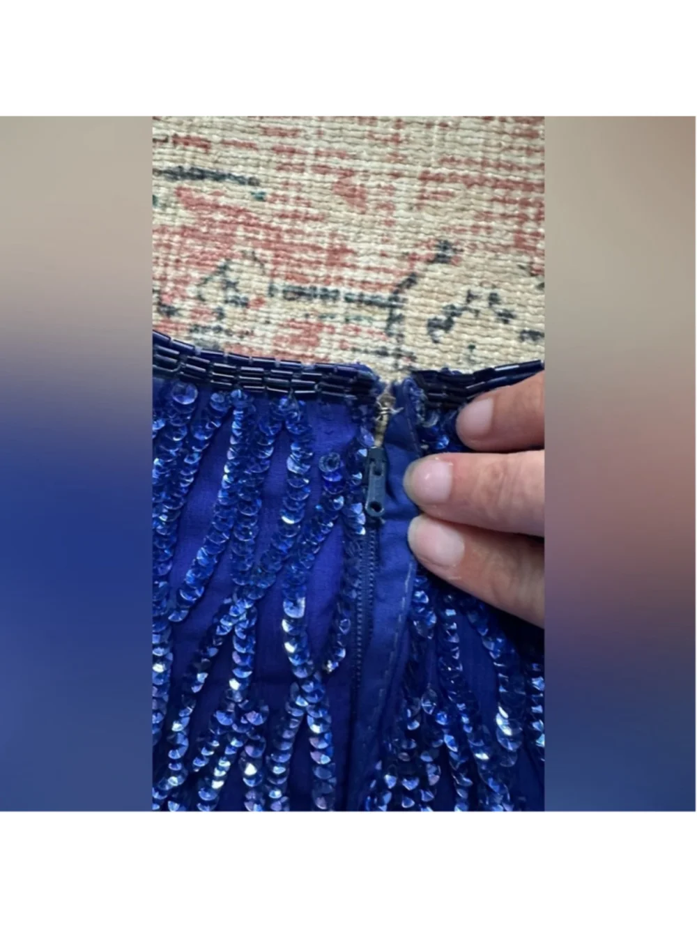 Lawrence Kogar Women's Blue Print Short Sleeve Silk Beaded Mini Dress - Picture 12 of 12